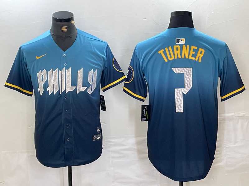 Men%27s Philadelphia Phillies #7 Trea Turner Blue 2024 City Connect Limited Stitched Jersey